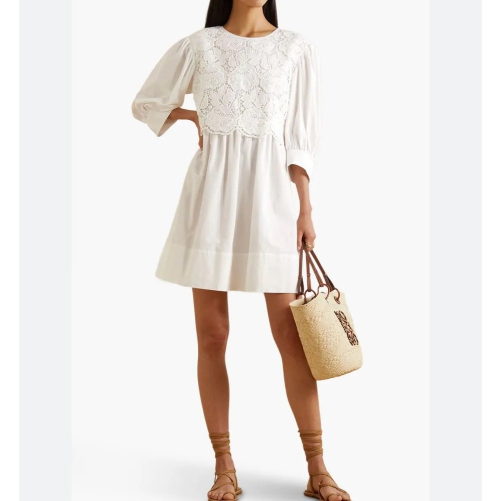 See by Chloe White Crochet Lace Dress NWT‎ Bib Embroidery Puff Sleeve 40 Medium